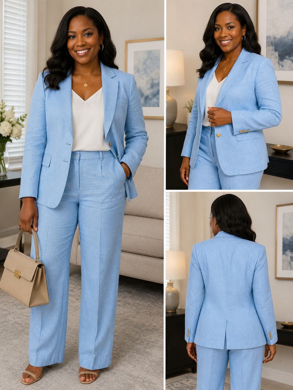 Talbots Blue 100% Linen Suit Size 14/16P Blazer Pants Gold Buttons